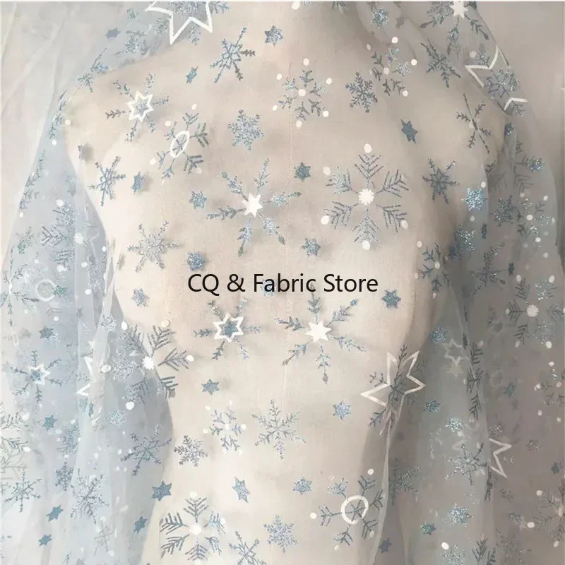 Light Blue Snowflake Five-pointed Star Bronzing Mesh Fabric DIY Hand-decorated Women's Skirt Doll Clothing