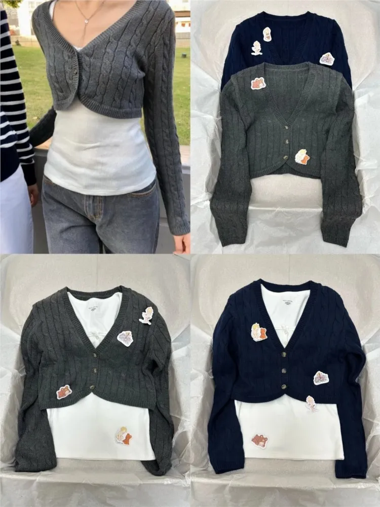 

Cable Knit Cropped Cardigan Women Sexy Chic V-neck Slim Long Sleeve Sweaters Vintage Preppy Style Knitwear Y2K