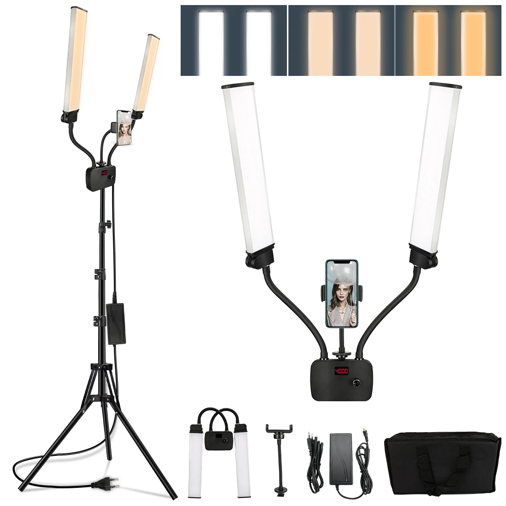 Double Arms LED Fill Light Photo Studio Long Strips LED Ring Lamp with Tripod LCD Screen 3200-5600K Photographic Selfie Lighting