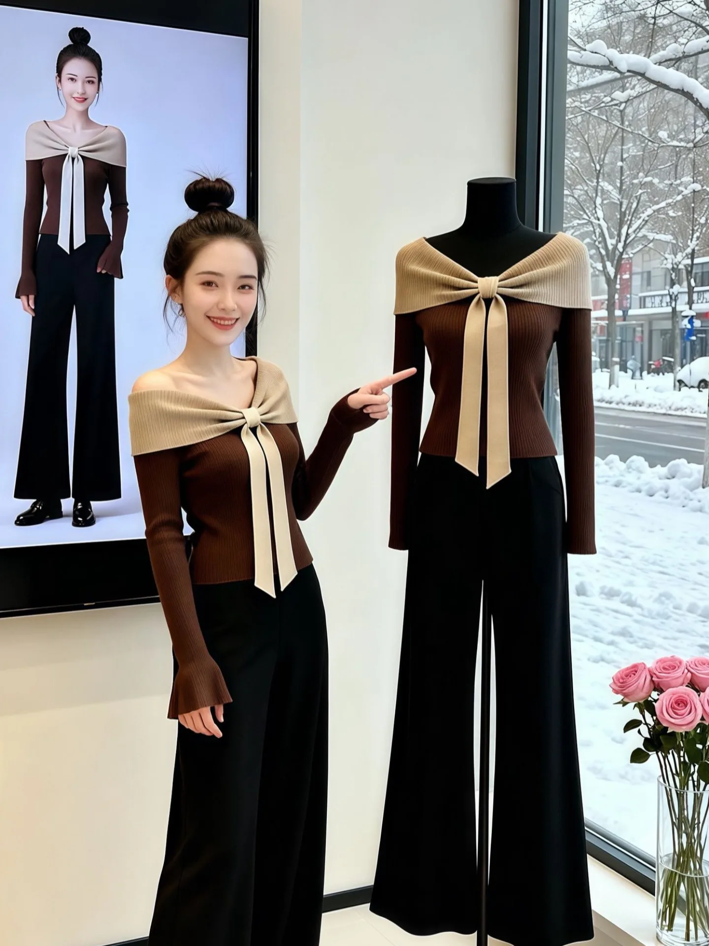 

French Sle Long Sve Knitted Sweater Women's Slim Fit Base irt Top Knot One oulder Winter Faion Casual Wear