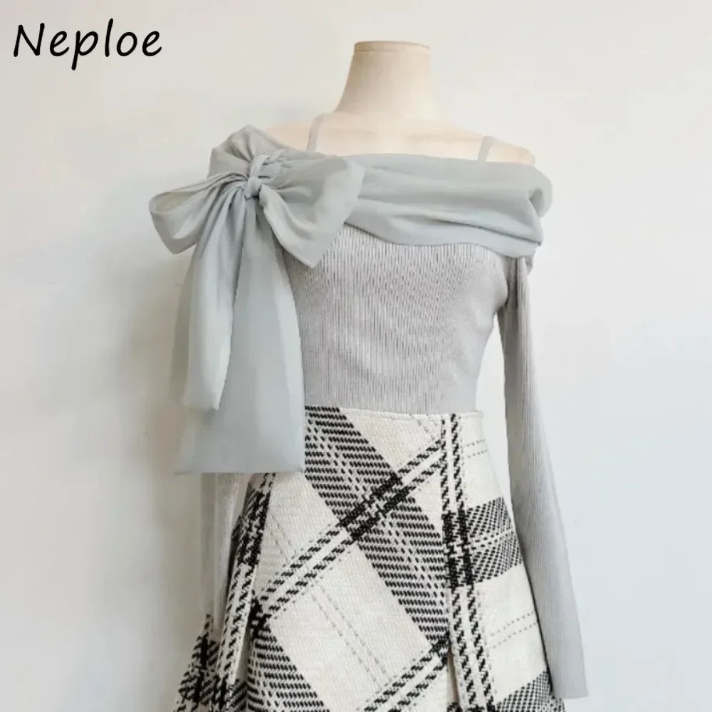 Neploe Sweet Long Sleeve Slash Neck Off Shoulder Sweaters Bow Knit All-match Slim Jumper Japan New 2024 Gentle Exquisite Tops