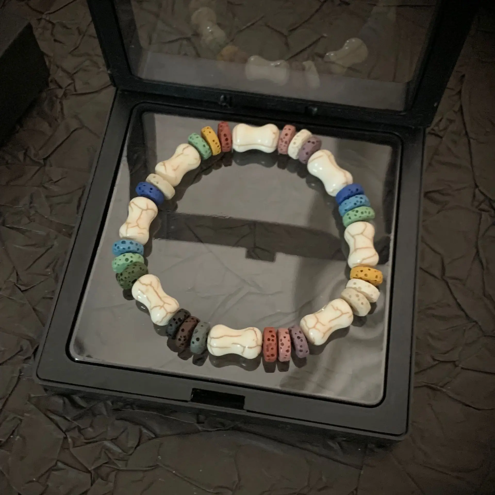 Meetvii Vintage Colored Volcanic Stone Bracelets for Women Men Design Puppy Bone Beads Bracelet Couple Accessories