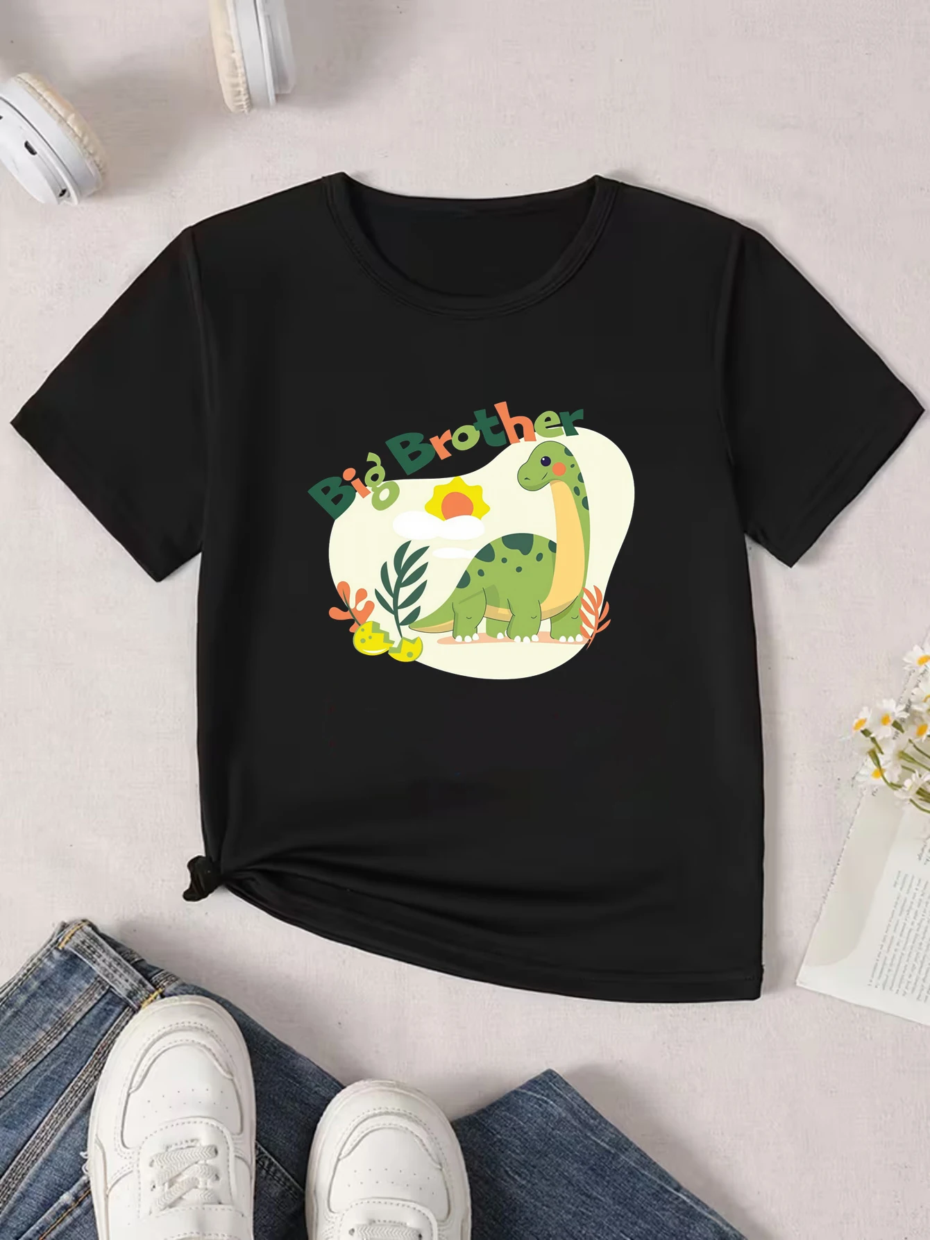 New Dinosaur Brothers Tshirt, Funny Dinosaur Themed Printed Tshirt Boys Summer Fashion Kids Casual Short Sleeved T-shirt Tops