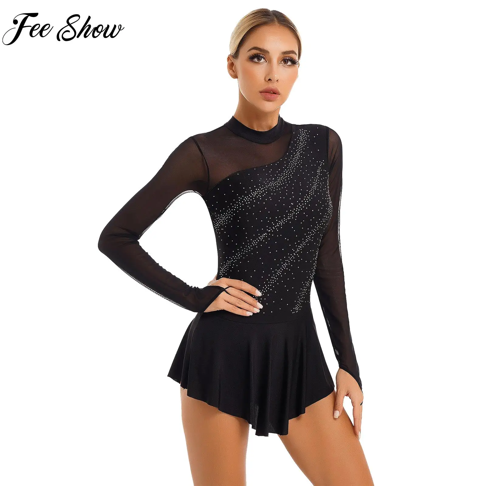 Womens Figure Skating Dance Dresses Glitter Rhinestone Sheer Mesh Patchwork Long Sleeve Leotard Dress