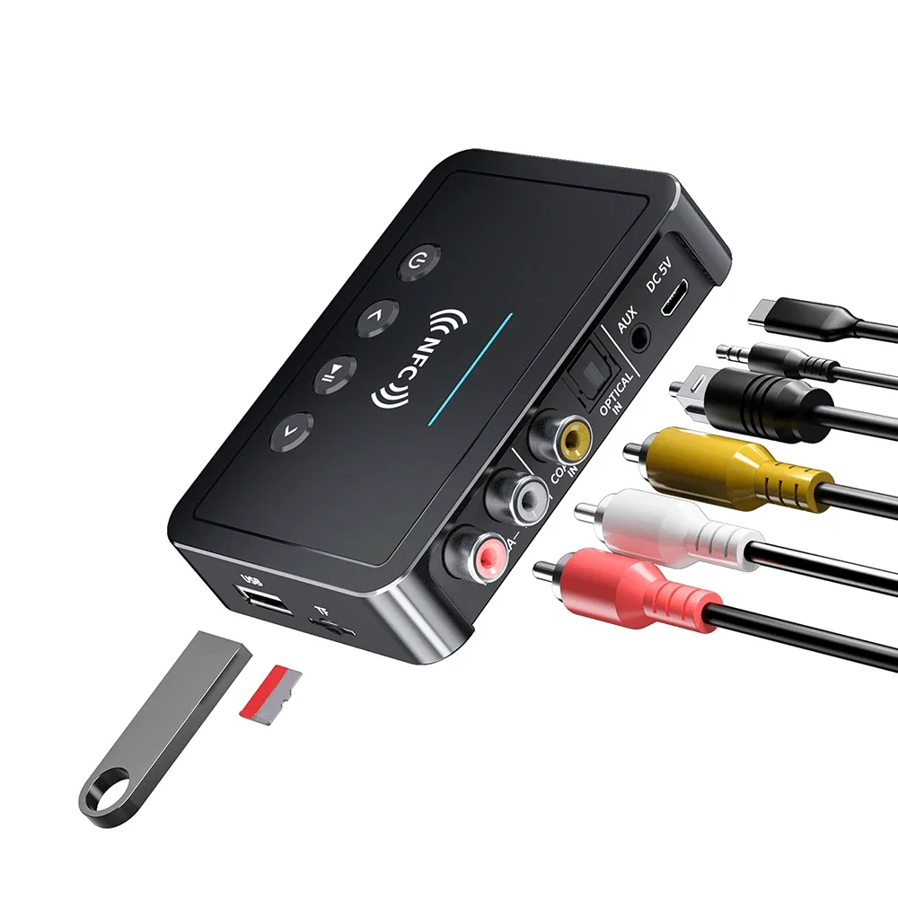 Adattatore audio Aux wireless NFC da 3,5 mm RCA SPDIF Trasmettitore ricevitore FM 5.0 compatibile con Bluetooth per telecomando disco TF U