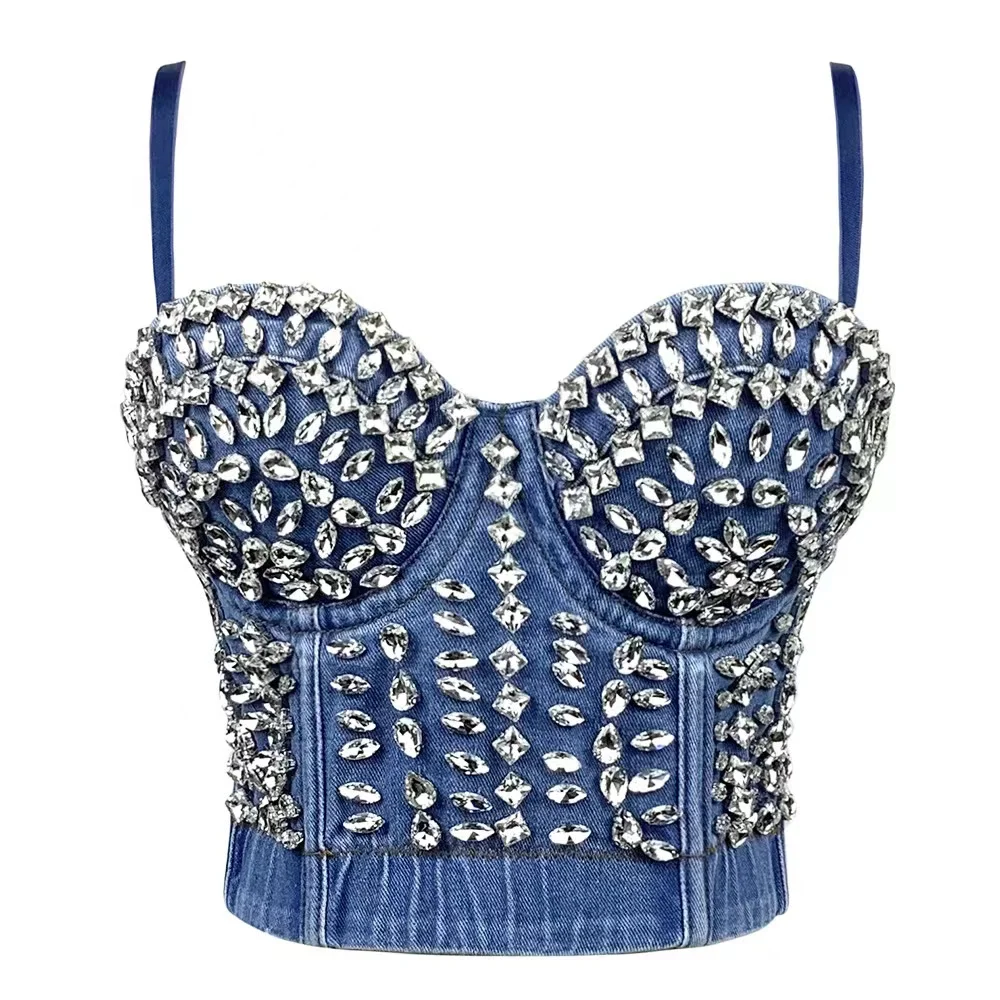 Summer Fashion Crystal Women Sexy Denim Crop Top Spaghatti Strap  Inside Camisole Corset Shiny Clubwear Tank Tops Streetwea