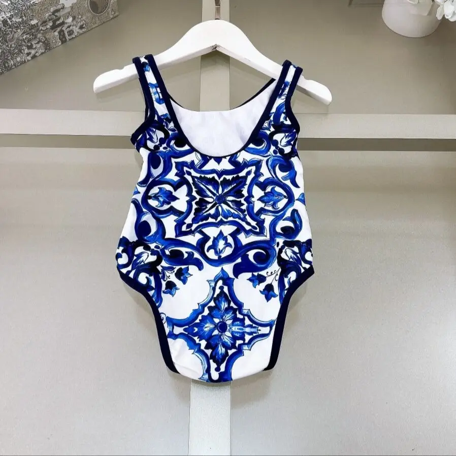 Girls classic style blue and red patterned camisole jumpsuit  summer new girl's one-piece Timeless Classic Popular with swim hat