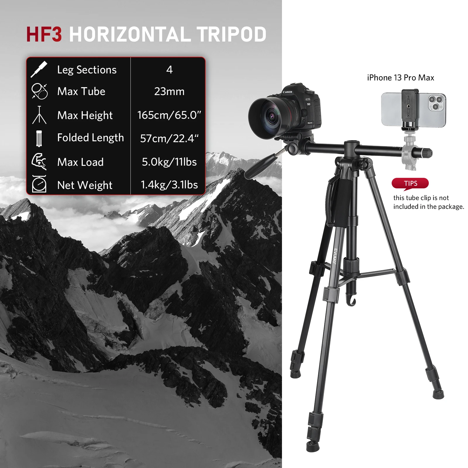 Evumo HF3 Professional Horizontal Tripod Light Travelling Tripod Monopod 360°Rotation with Bluetooth for Dslr Canon Nikon Sony