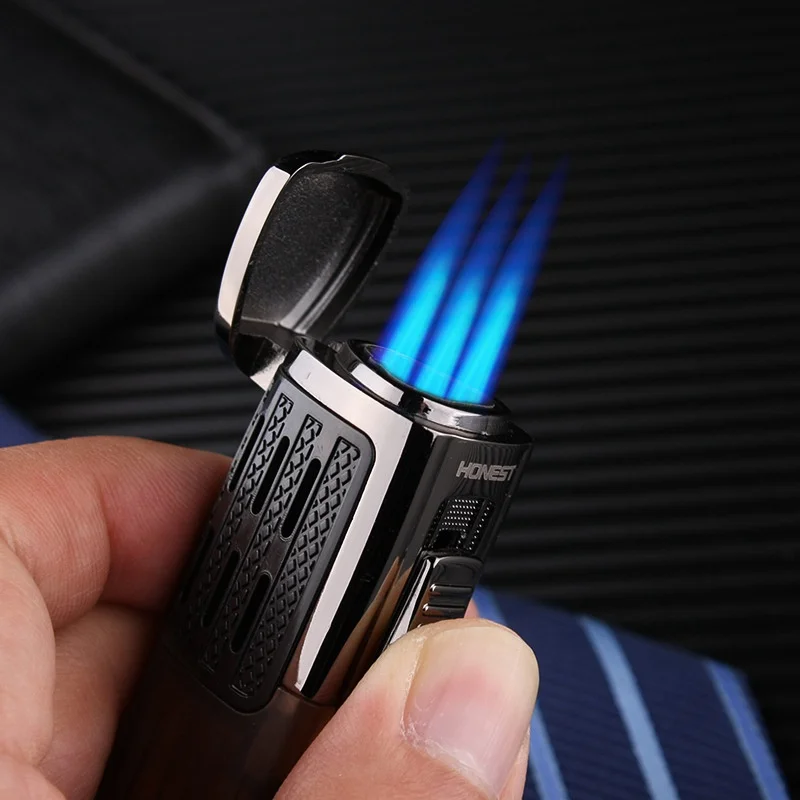 Multifunctional Outdoor Turbo 3 Torch Blue Flame Strong Lighter Metal Windproof Butane Gas Lighter Cigar Cutter Tool Men\'s Gift