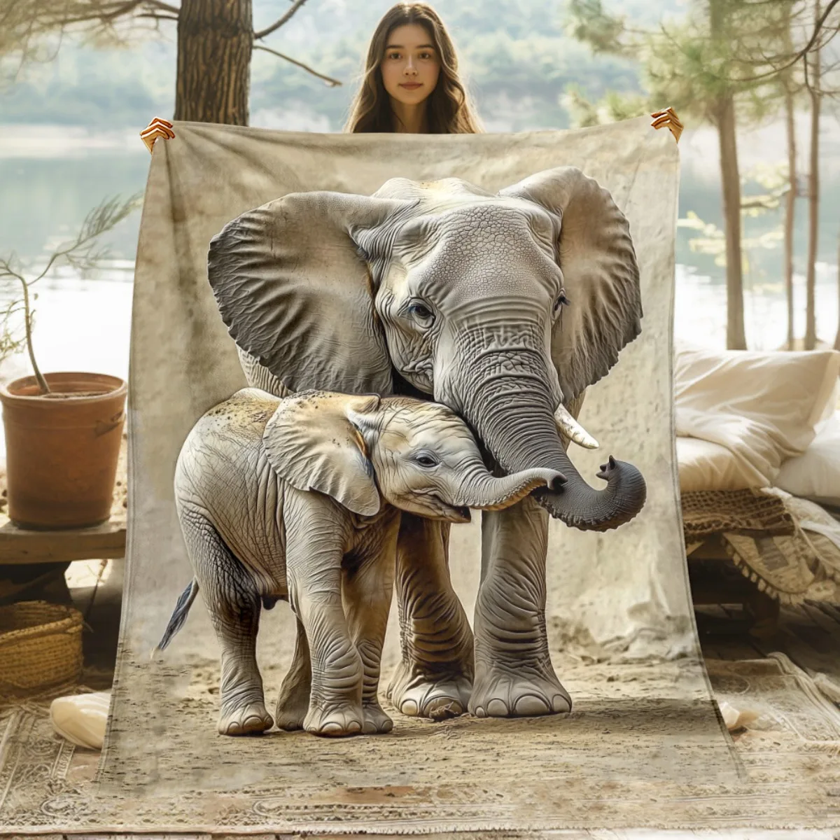 1 coperta portatile stampata in 2D con motivo a tema famiglia di elefanti