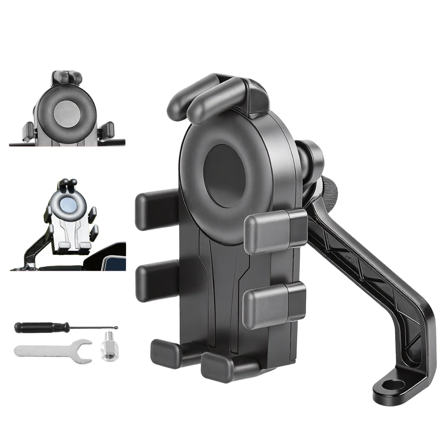 

Motorcycle Phone Mount with ABS Plastic Body and Metal Reinforcement for 18-28mm Handlebars and 8-10mm Mirrors