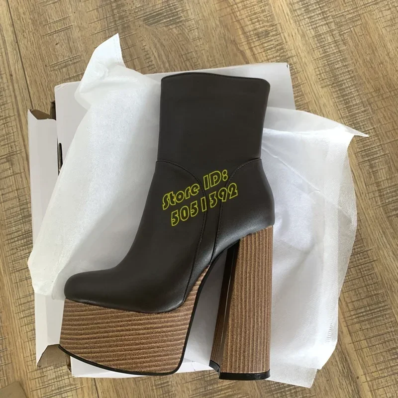 Platform Block Heel Ankle Booties Matte Nude Black Leather Zipper Round Toe Handmade Dress Women Shoes Square High Heel Winter
