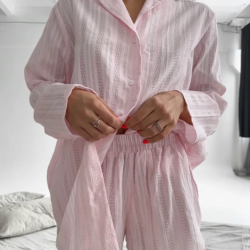 Women's Summer Fashion Cardigan Jacquard Pajama Set Long Sleeves Loose Comfortable Shorts Home Wear L Size Pajama Set Cotton