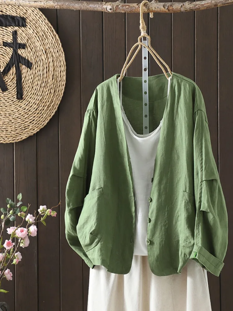 Retro Heavyweight Sand Wash Cotton Linen Short Jacket Women's Spring Handmade Pleated Long Sleeve Open Cardigan Artistic Soli...