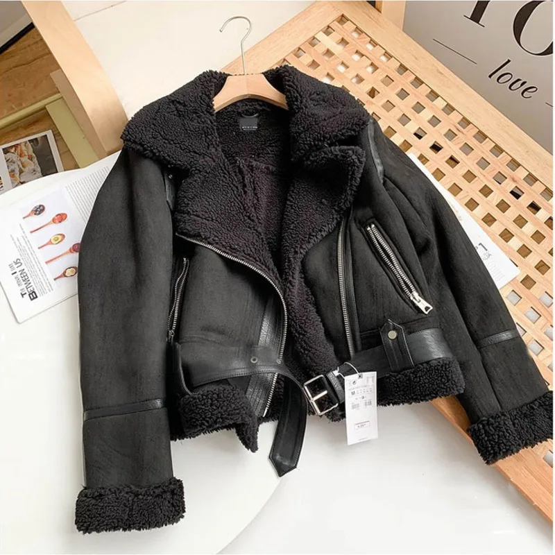 Winter New Women Thick Warm Vintage Suede Lambswool Biker Jackets Coat Chic Sashes Casual Loose Faux Leather Outwear Tops Female