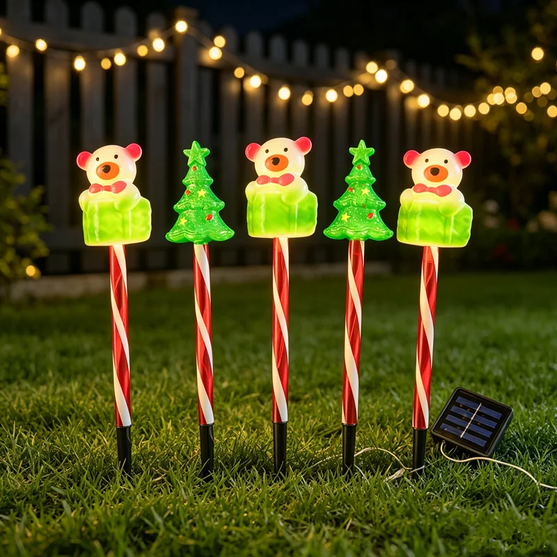 Solar Christmas Garden Stake Lights, 5 Pack LED Bear & Christmas Tree Candy Cane Pathway Lights,Waterproof Solar Powered Outdoor