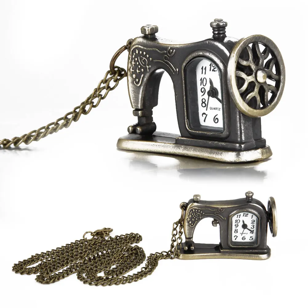 Retro Antique Bronze Alloy Sewing Machine Design Pocket Watch With Necklace Chain Best Gift