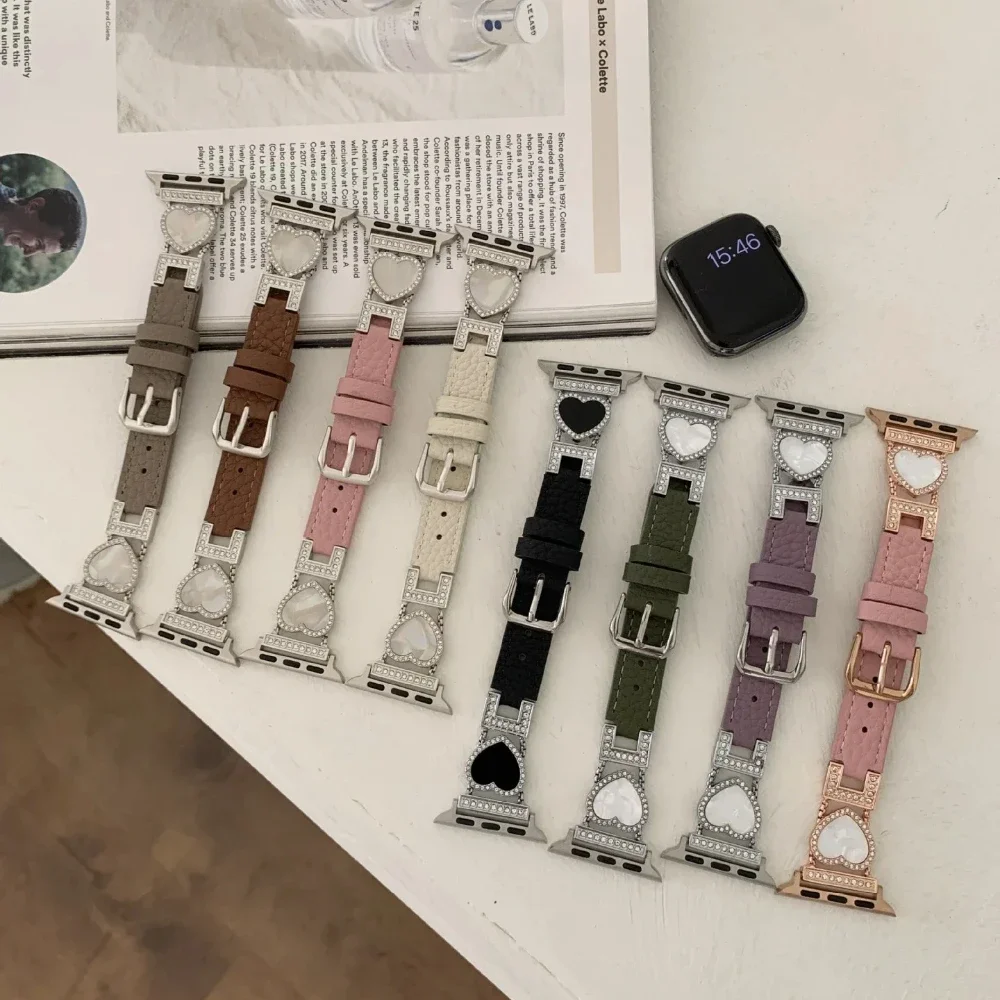 

Кожаный ремешок Heart Diamond для Apple Watch 10 42 мм 46 мм Ultra 2 49 мм Ремешок для iwatch Series 9 8 7 6 5 Se 41 мм 45 мм 44 мм 38 40 мм