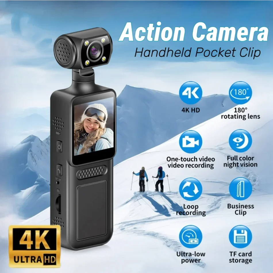 

Handheld Pocket Camera 4K HD Camera 180° Rotating Convenient Back Clip Sports Camera Handheld Video Cycling Recorder