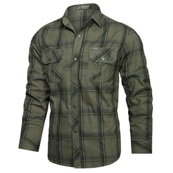 2024 New Plaid Shirt for Men Long Sleeve Striped Outdoor Casual Shirts Turn-down Collar 2-Pokcet Cargo Shirts High Quality Tops