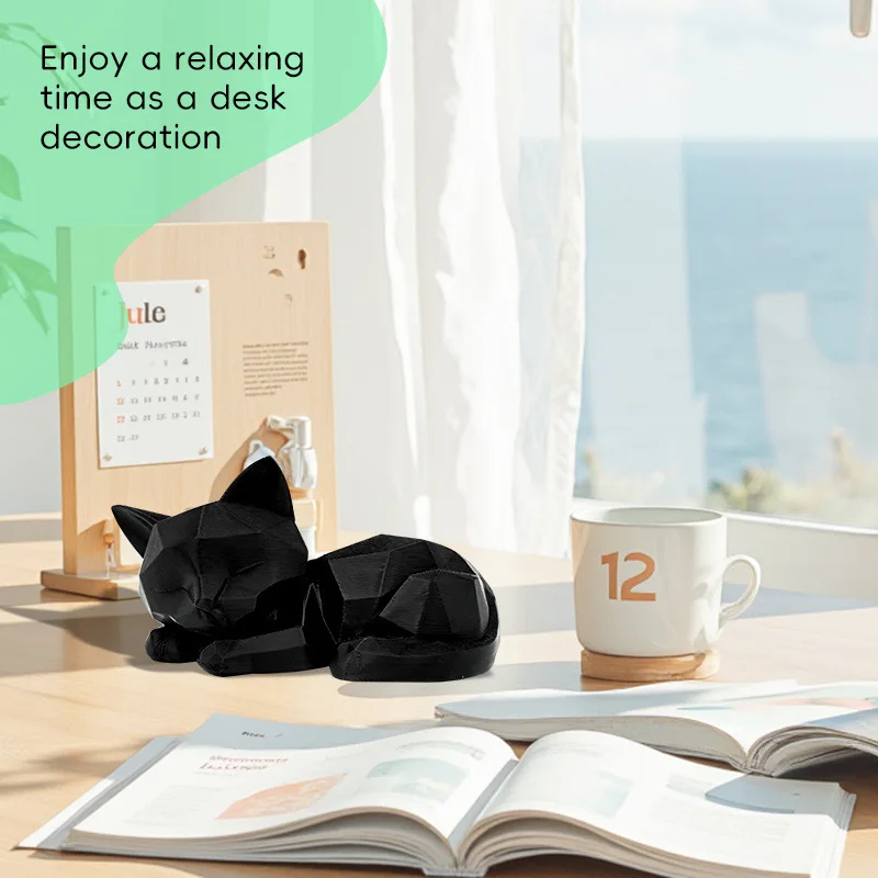 3D Printed White Black Cat Statue - Geometric Modern Room Decor Figurine Sculpture for Home Office Table Shelf Desk Lying Cat
