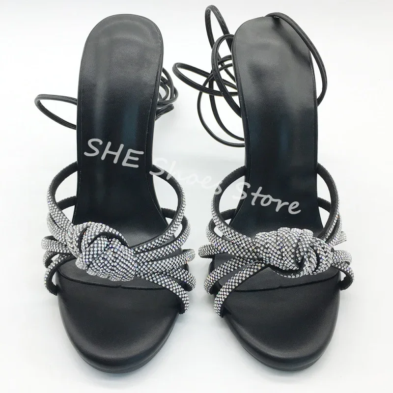

Luxury Rhinestones Bown-Knot Narrow Band Women Sandals Peep Toe Thin Heel Ankle Cross Strap Shoes Ladies Party Dress High Heels