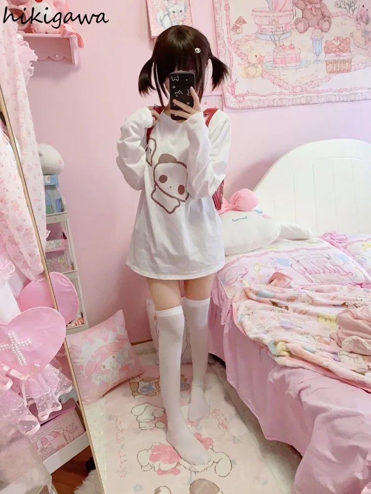 Japanese women's Preppy style T-shirt white long sleeved round neck shirt and cartoon Korean informal T-shirt Y2K2024