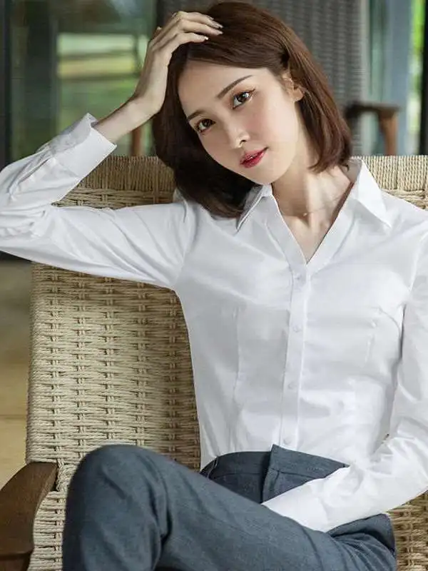 

Белая хлопковая рубашка с длинными рукавами, женская рубашка Cleanfit Style с V-образным вырезом, тонкий материал, весна-лето-осень, новая коллекция, женская рубашка