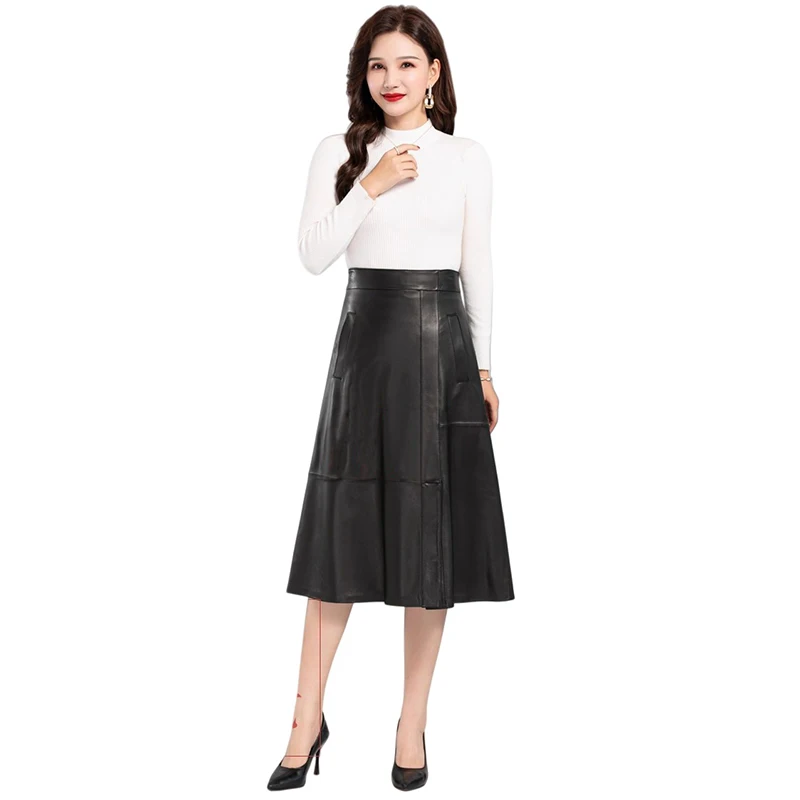 

Women Knee Length Quality Real Leather Skirt Spring Autumn Solid Color Casual Straight Skirts High Waist Leather Mini Skirt