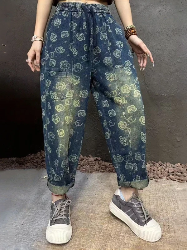 Lente 2026 Casual Harajuku Sle Loose Fit Gedrukt Denim Rechte Pijpen Broek Dames Afslankende Elastische L Taille Jeans