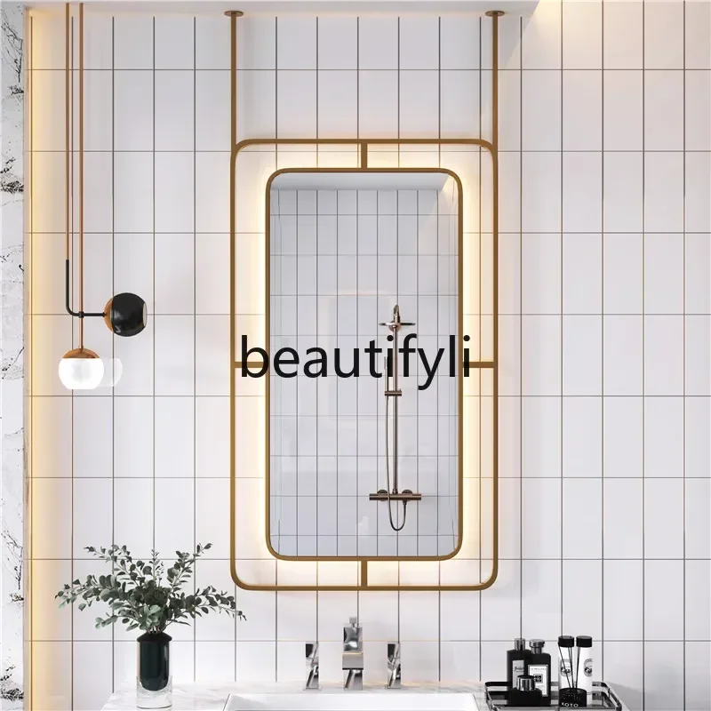 Hot sales Luminous hanging mirror suspended metal frame ceiling rectangular hollow with lamp bed and breakfast bathroom mirror