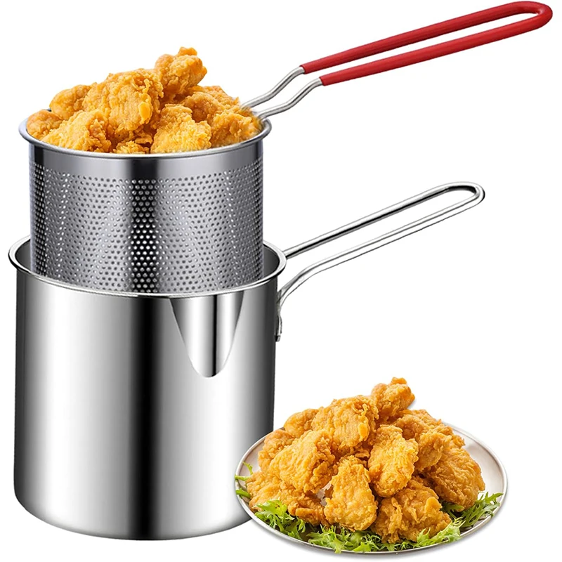 Home Deep Fryer Pot, Japanese Tempura Small Stainless Steel Frying Pot, With Oil Drip Drainer Basket, For French Fries, Chicken