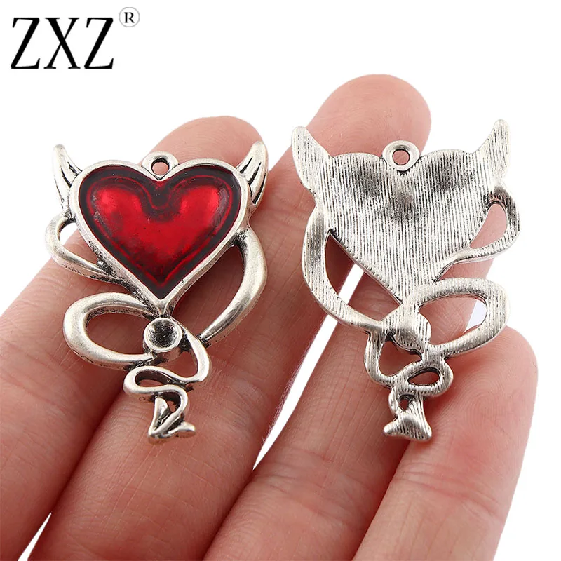 ZXZ 5pcs Antique Silver Alchemy Gothic Red Devil Heart Stud Drop Earring Charms Pendants for DIY Jewelry Making Findings