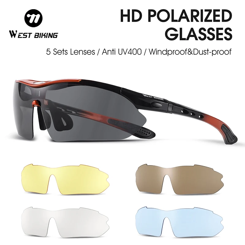 

Поляризационные очки WEST BIKING с 5-линзами, HD UV400, защитные солнцезащитные очки, ветрозащитные велосипедные очки, очки для шоссейного велосипеда MTB