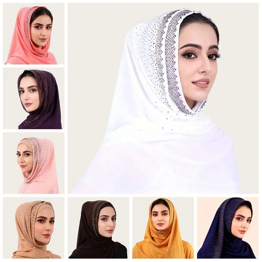 

Новый шифоновый мусульманский тюрбан-хиджаб, дышащий, однотонный, исламская жатая шаль, полностью закрывающий голову, с камнями, шифоновый платок