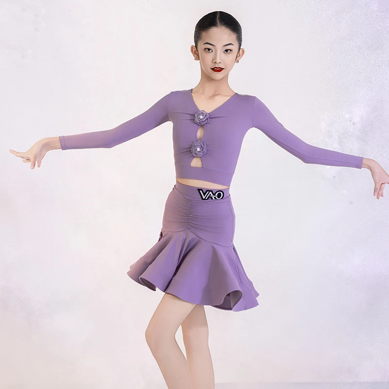 الأرجواني اللاتينية أزياء رقص الفتيات أداء الملابس طويلة الأكمام بلوزات قصيرة هيكل السمكة تنورة تشا تشا ممارسة الرقص ارتداء BL17287