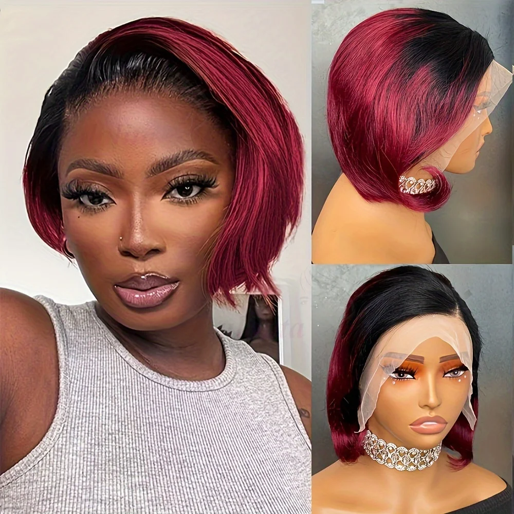 Slide Pixie Cut Perücken aus Echthaar 13x4 Lace Front Perücken Kurze Bob-Perücke Brasilianisches Glattes HD Lace Frontal Echthaar-Perücke 200 Dichte – Detail 13