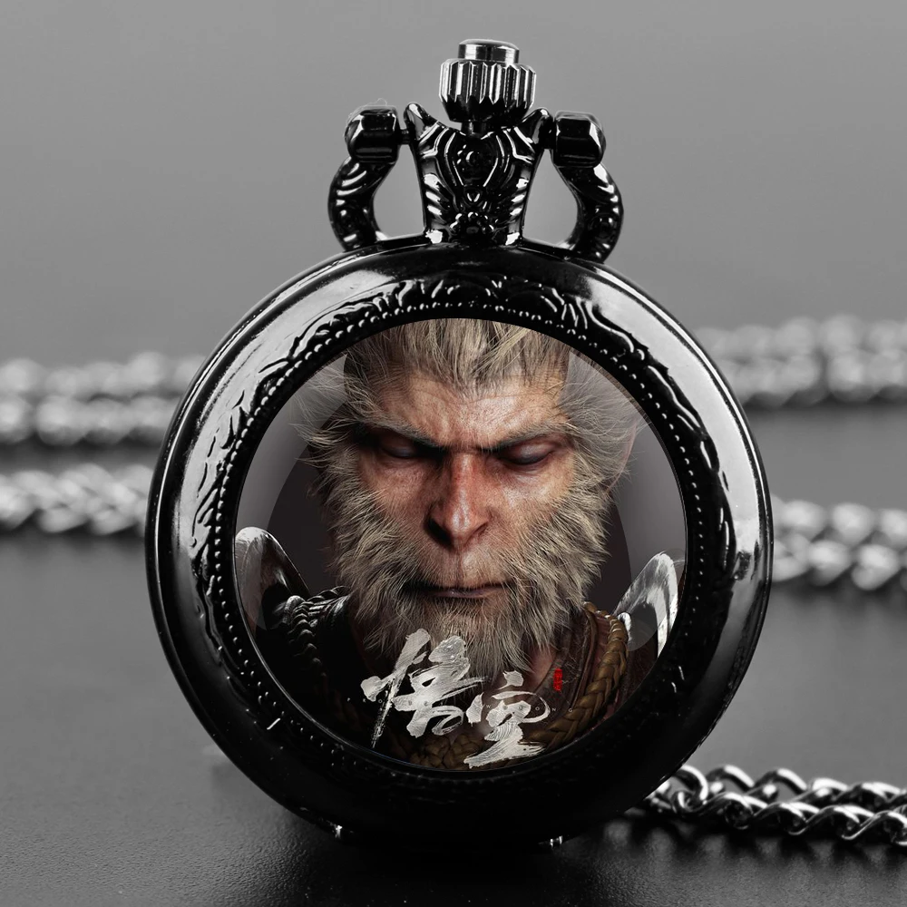 Black Myth: WuKong Game Glass Dome Vintage Arabic Numerals Quartz Pocket Watch Necklace Pendant Clock Chain Mens Boys Gift