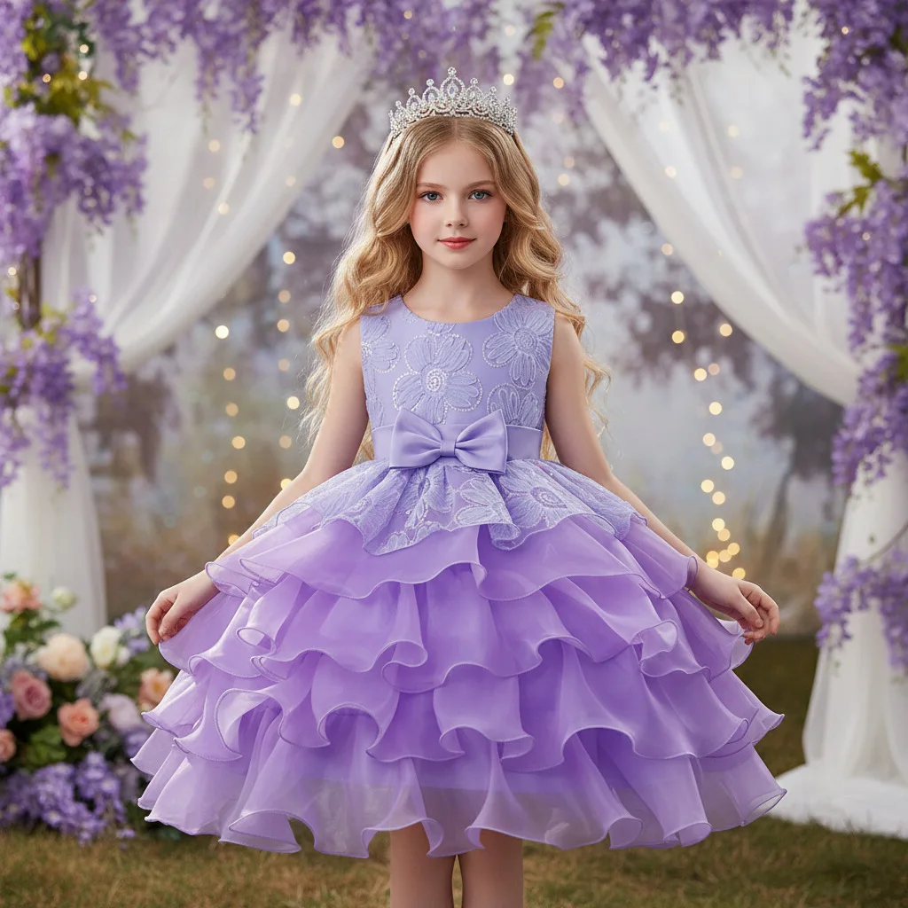 

Party Dresses For Girls Flower Layered Children's Princess Dress Mesh Sleeveless Kids Formal Performance Wedding Ball Clothes