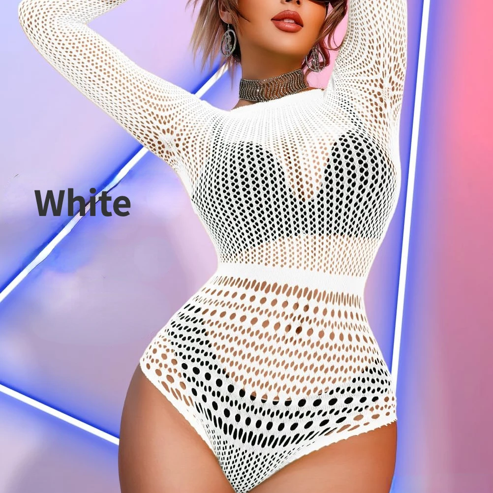 Long Sleeve Fishnet Lingerie for Women Music Festival Costumes Sexy Bodysuits Back Hollow Out Nightgown Hot girl Party Club wear