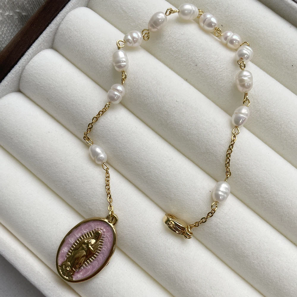 Pulsera de Rosario de perlas naturales con cadena de acero inoxidable de Color dorado, amuleto de la Virgen María, joyería espiritual para regalo de mujer