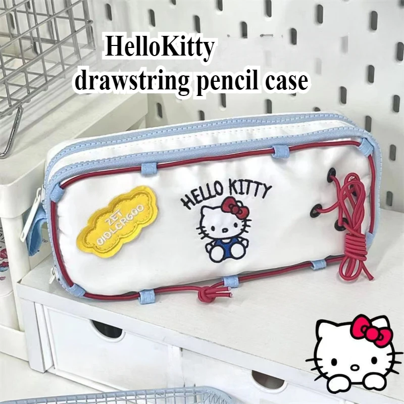 Sanrio HelloKitty Storage Bag Large Capacity Double Layer Girls Pencil Case Embroidery Pencil Case Student Zipper Stationery Bag