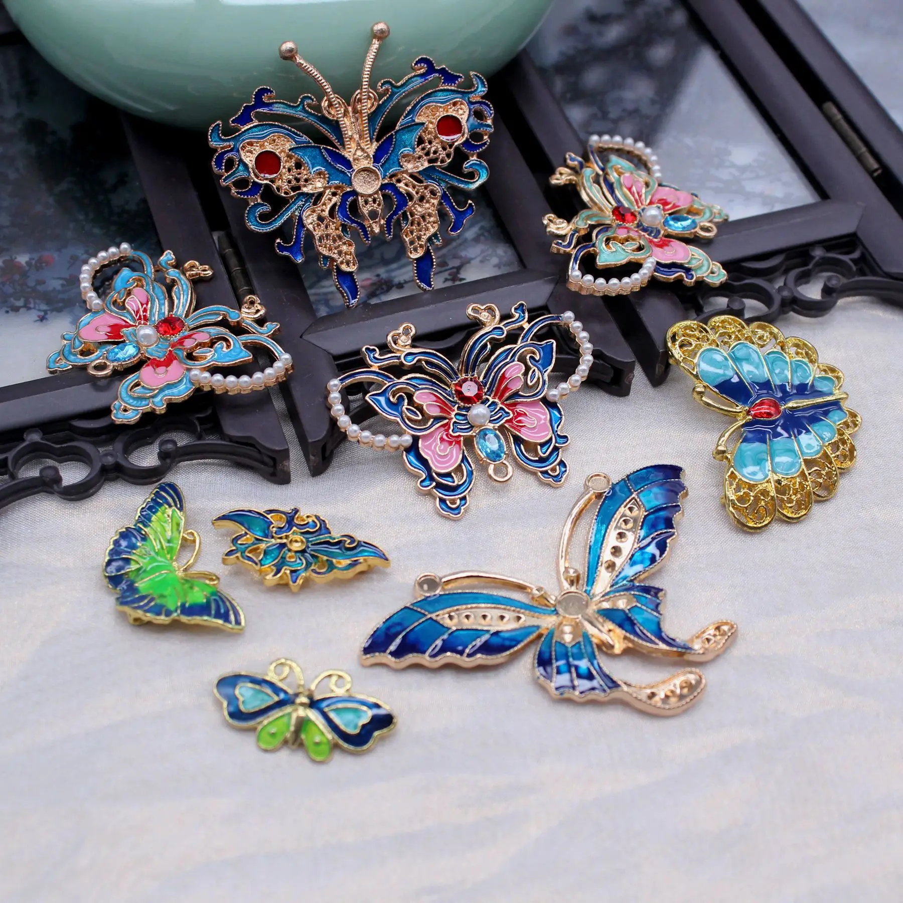 diy-中国漢服ヘアピン＆クリップセット-カラフルな七宝焼きエナメル蝶合金アクセサリー、手作り用