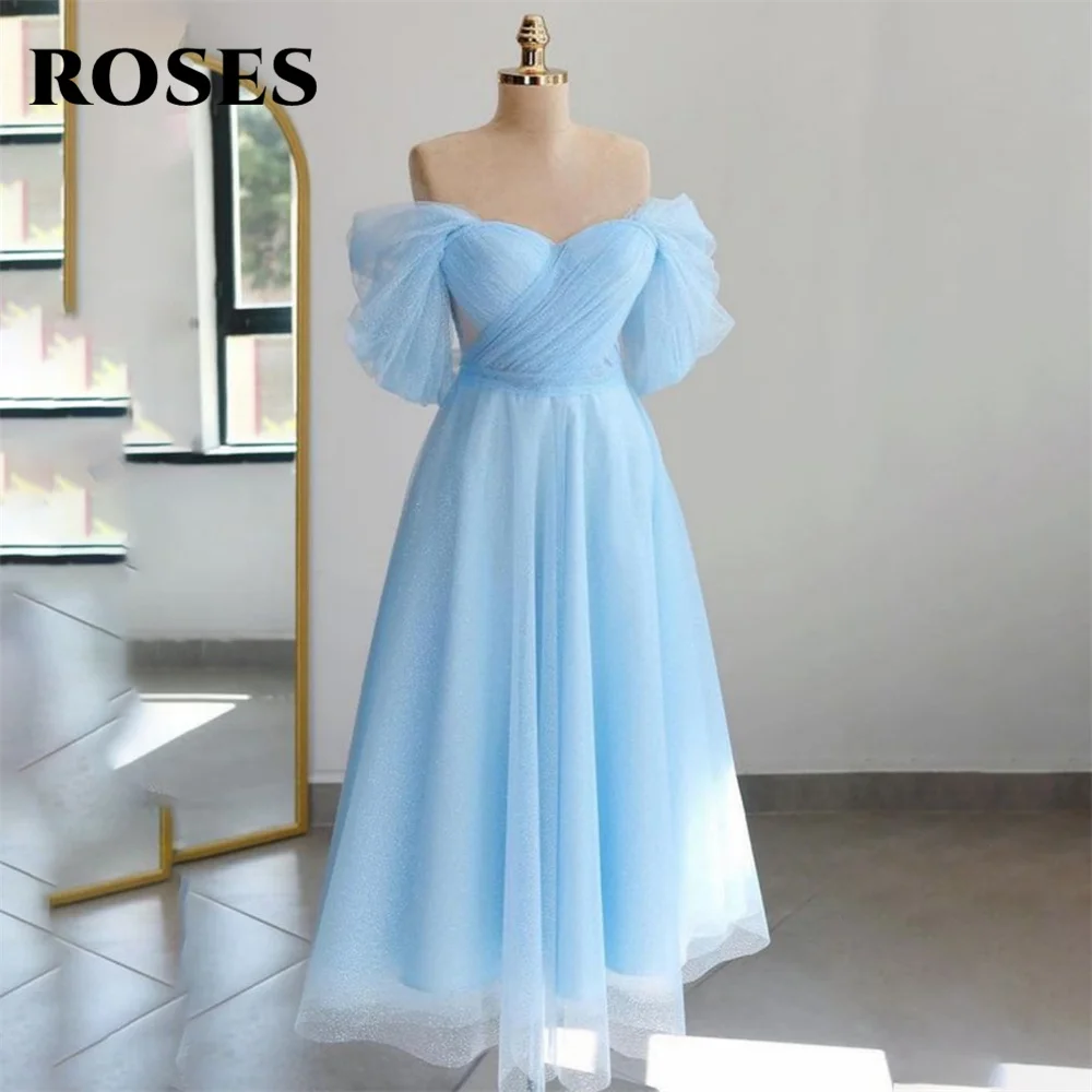 

ROSES Tea Length Long Party Dresses Tulle Vintage Night Dress Off the Shoulder Half Sleeves Celebrity Dresses vestidos de fiesta