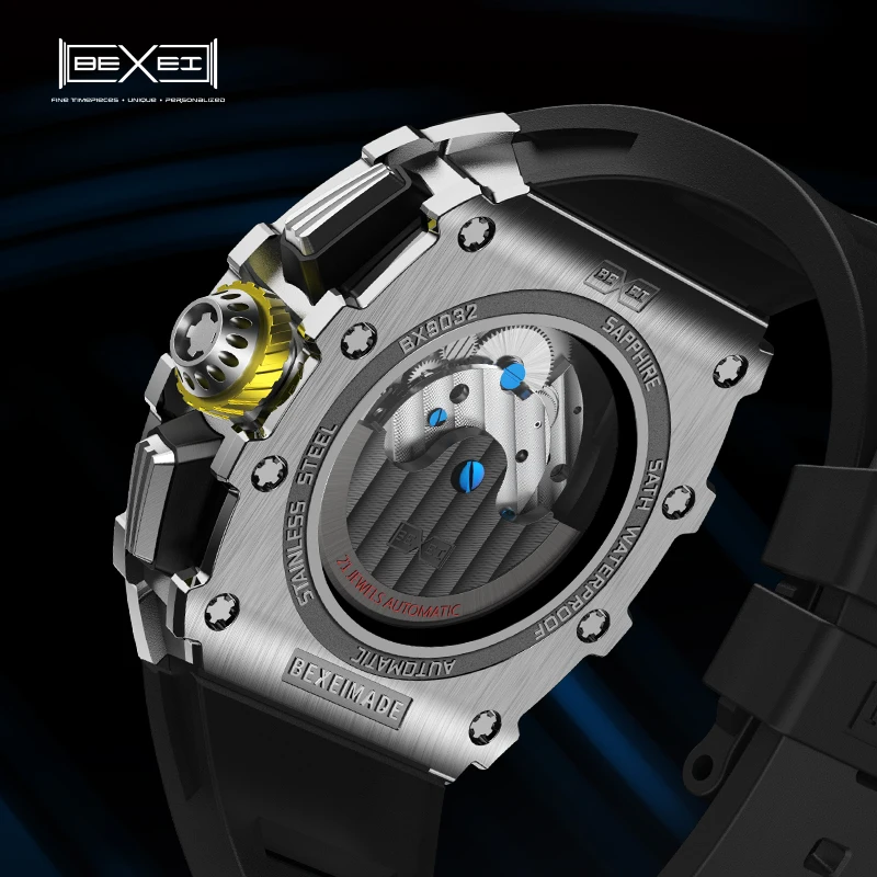 BEXEI 2025 Automatic mechanical movement Fashion  Luxury watch for men skeleton synthetic sapphire waterproof   Reserve 45H