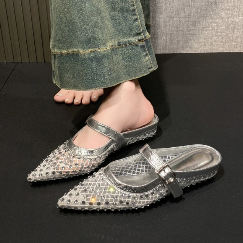 

Женские туфли-лодочки с кристаллами, роскошные тапочки на плоской подошве, сетчатые повседневные сандалии, трендовые новые брендовые летние женские кроссовки 2024, Mujer