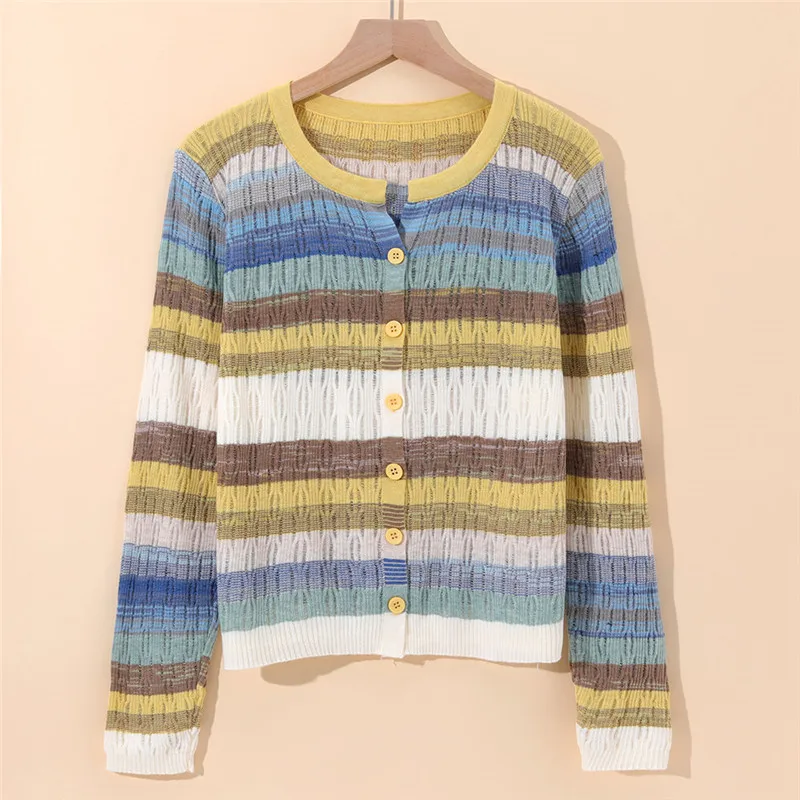 Fashion Knitted Cardigan Sweater For Women 2024 New Spring Autumn Color Striped Long Sleeved V-Neck Knitwear Female Top Jacket