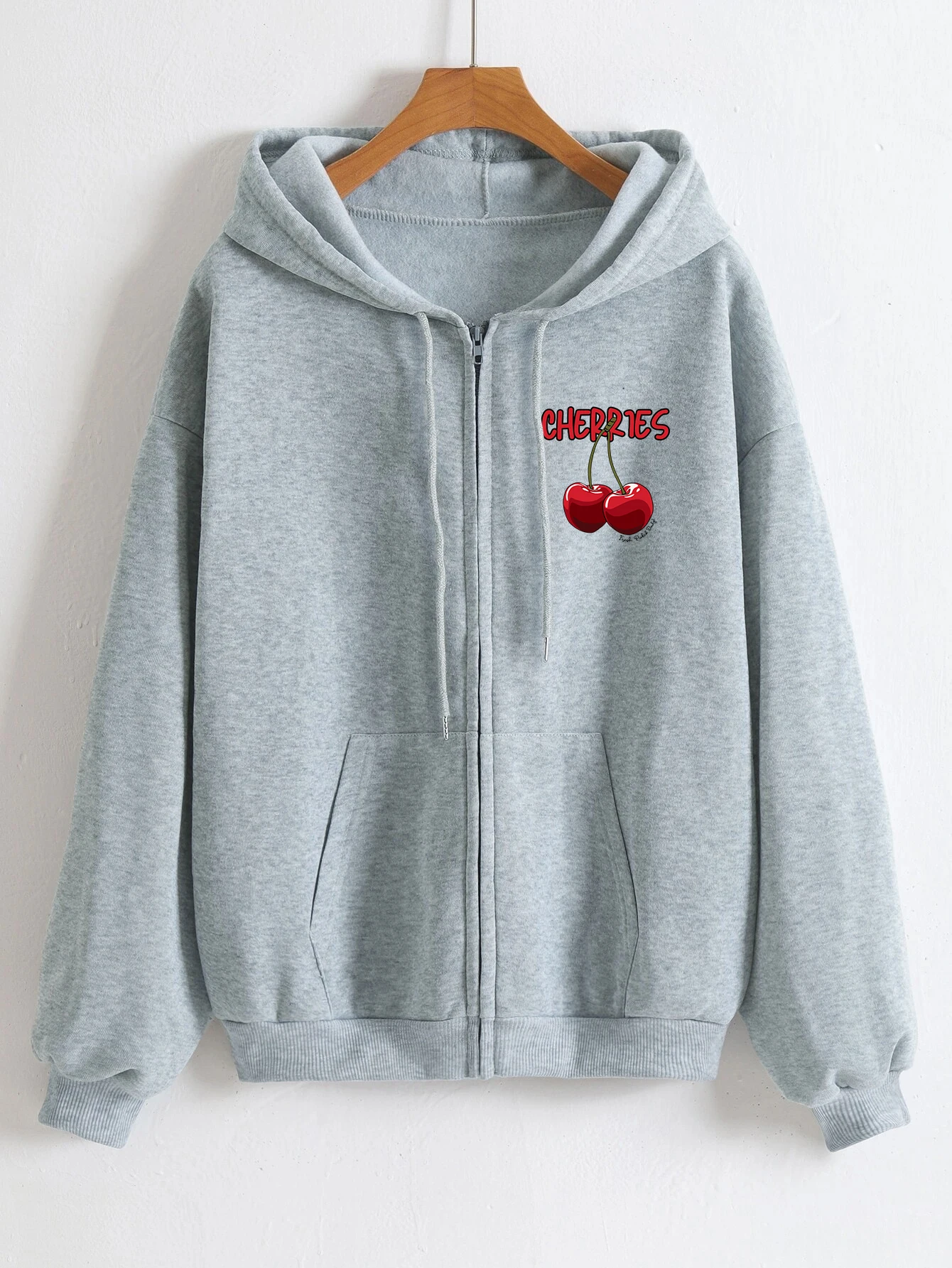 Cherries Cartoons Pattern Women Hooded Street Oversize Hoodies Zipper Fleece Hoodie Autumn Street Casual Soft Women Clothing