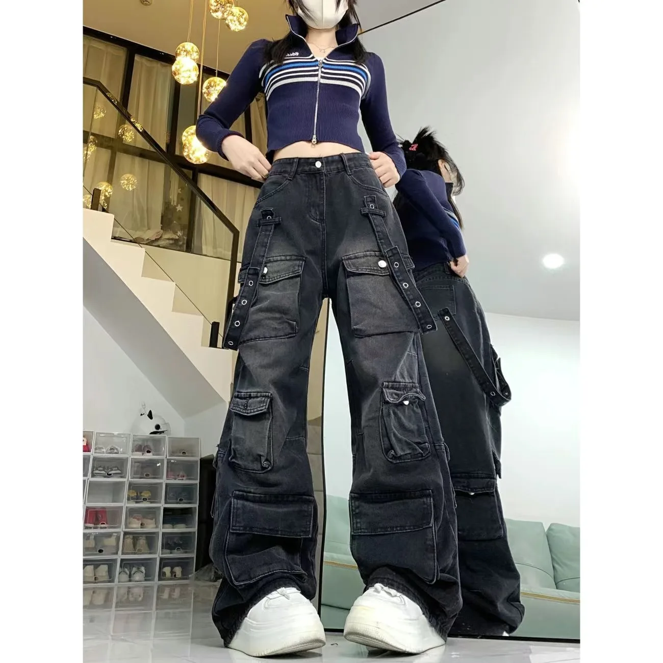 Women\'s Black  Baggy Cargo Jeans Harajuku Oversize Denim Trousers Y2k 90s Vintage 2000s  Jean Pants Trashy Clothes 2025