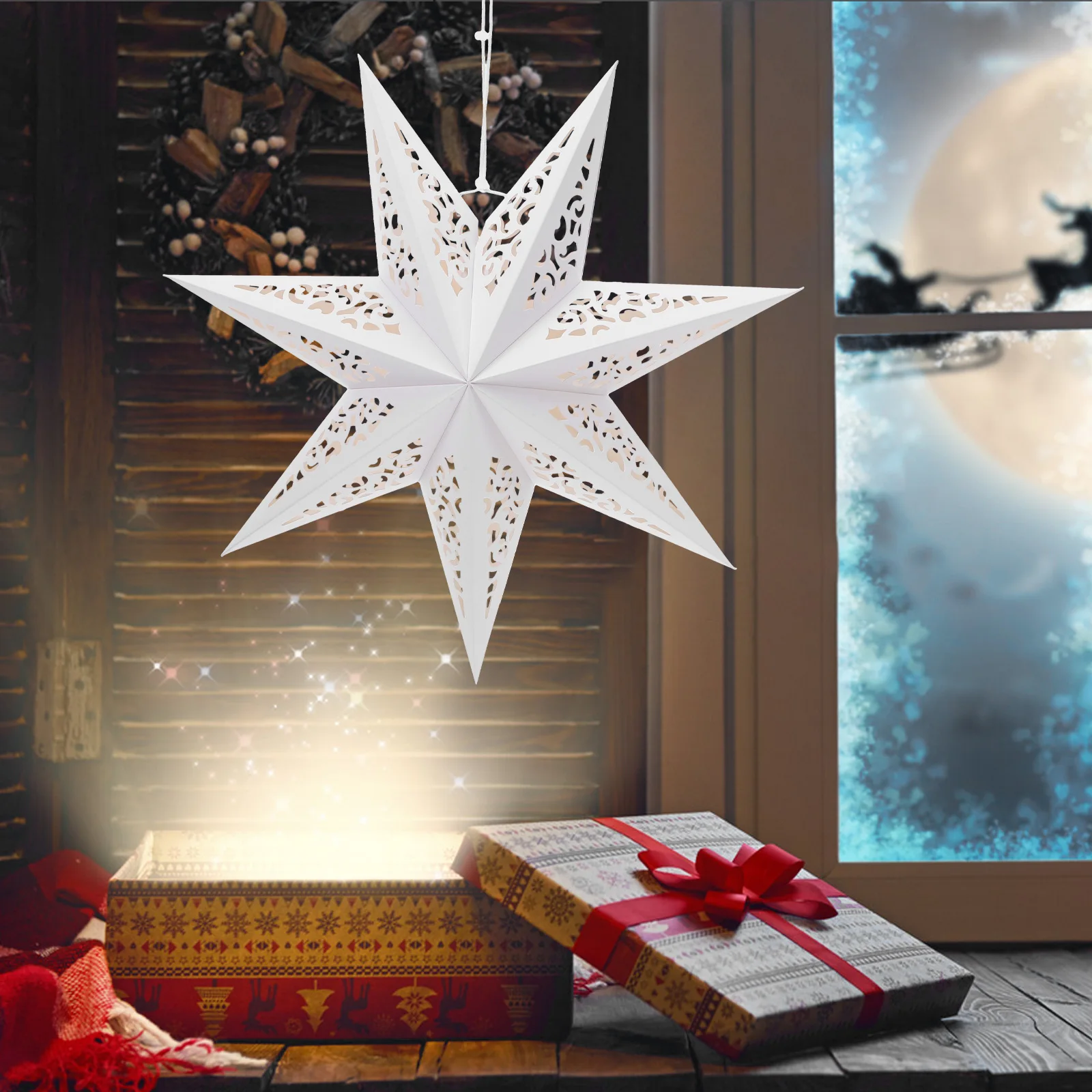

3Pcs Christmas Foldable Star Paper Lantern 7 Pointed Hanging Lampshade Wedding Holiday Party Decoration Star Lampshade